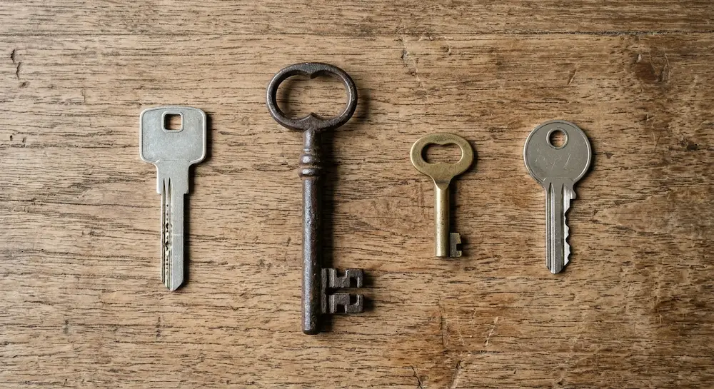 Distintos tipos de llaves de puerta sobre una mesa de madera